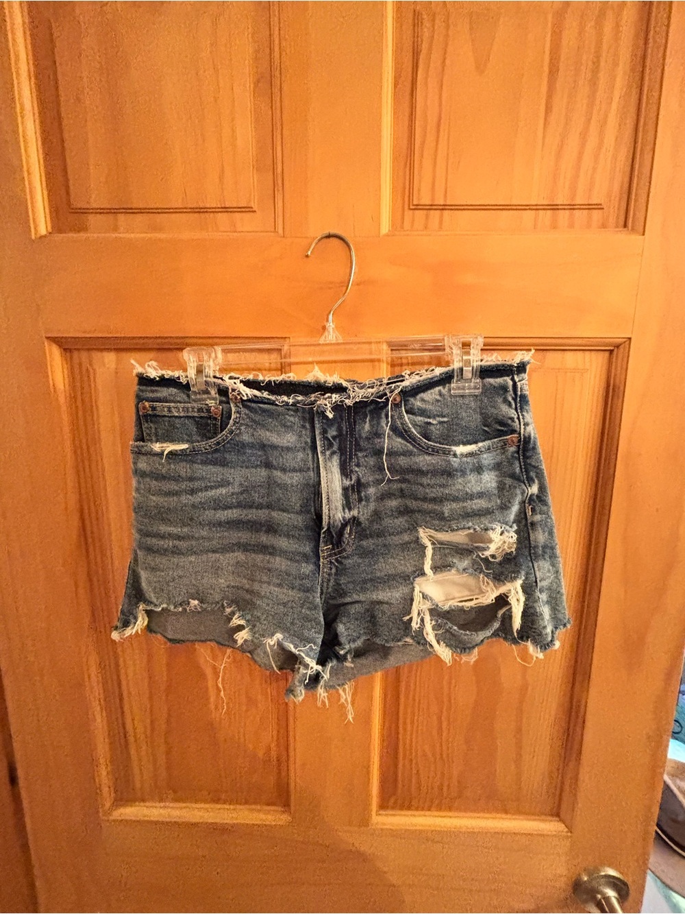 Distressed Blue Denim Women's Shorts - Casual Frayed Hem